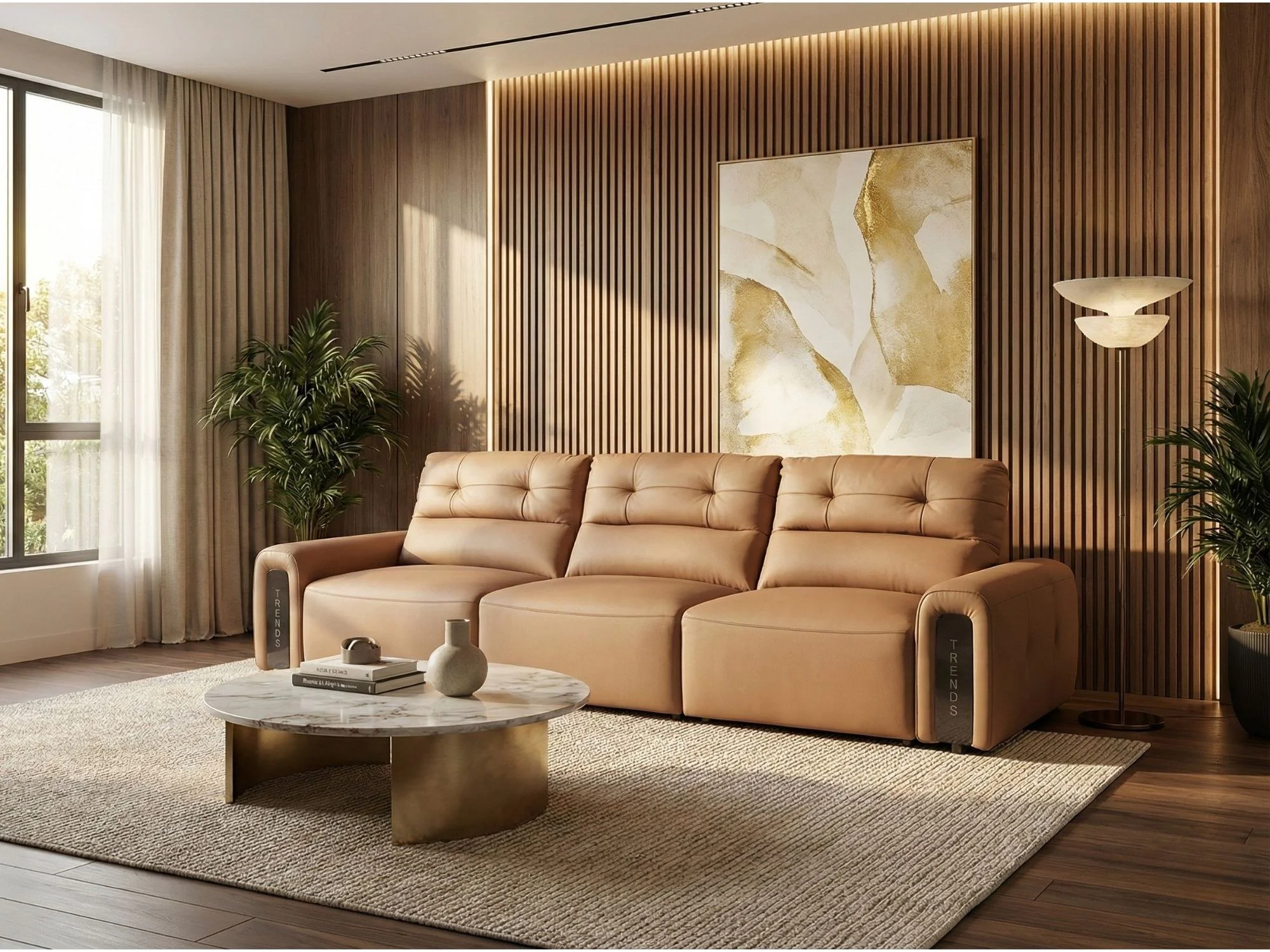 Ghế sofa chỉnh điện SF8144 màu nâu be đặt trong phòng khách hiện đại, chụp từ góc rộng phía trước. Sofa có thiết kế băng d…