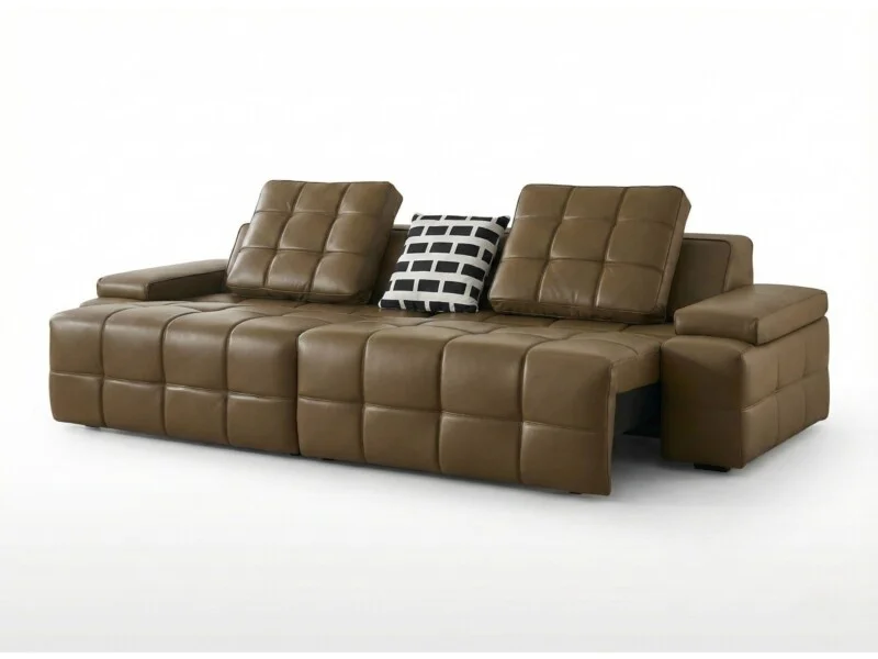Ghế sofa chỉnh điện SF8116 màu nâu da bò, chụp góc cao trên nền trắng studio. Sofa có thiết kế hiện đại với các múi đệm vu…