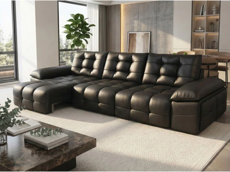 Ghế sofa chỉnh điện SF201 màu đen, bọc da bò tự nhiên, kiểu dáng chữ L hiện đại. Sofa đặt trong phòng khách sang trọng với…