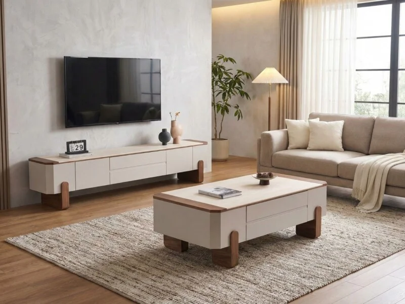 Bộ bàn trà và kệ tivi BTKT8602-13 được bài trí trong không gian phòng khách hiện đại, sang trọng. Kệ tivi đặt dưới màn hìn…