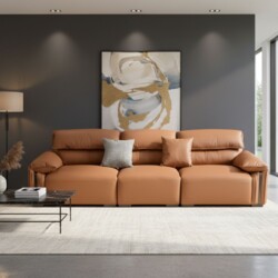 Sofa băng SF9001 màu nâu da bò đặt trong không gian phòng khách hiện đại. Góc chụp toàn cảnh từ phía trước, sofa có ba đệm…