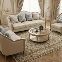 Bộ sofa tân cổ điển SBM229-123 gồm ba món (băng 3, băng 2, ghế đơn) được bài trí trong không gian phòng khách sang trọng…