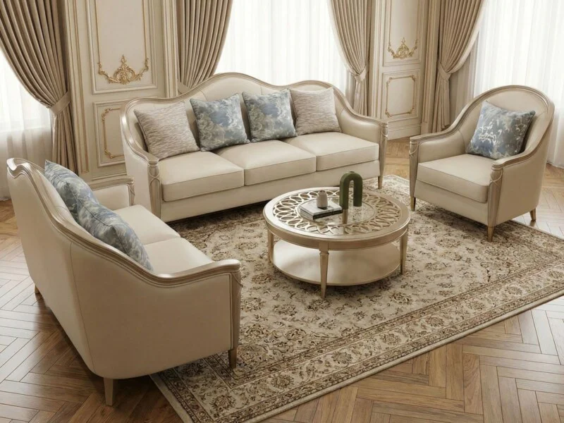 Bộ sofa tân cổ điển SBM229-123 gồm ba món (băng 3, băng 2, ghế đơn) được bài trí trong không gian phòng khách sang trọng…
