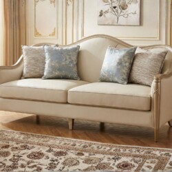 Ghế băng 2 của bộ sofa SBM229-123 được chụp chính diện, đặt trong không gian phòng khách với thảm trải sàn họa tiết. Ghế c…