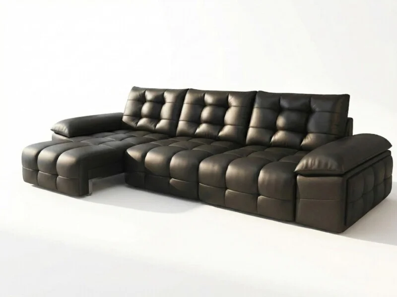 Ghế sofa chỉnh điện SF201 màu đen tuyền, chụp trên nền trắng tinh khôi, làm nổi bật kiểu dáng chữ L hiện đại. Bề mặt da bò…