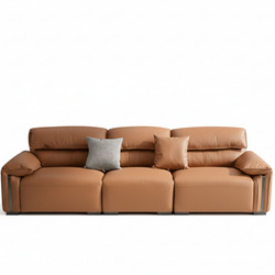 Sofa băng nhập khẩu SF9001 màu nâu da bò chụp chính diện trên nền trắng tinh khiết. Sofa có thiết kế tối giản với ba đệm n…