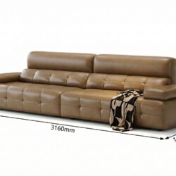 Sofa băng SF-A80 màu nâu da bò được chụp trên nền trắng, kèm theo các chú thích kích thước chi tiết: chiều dài 3160mm, chi…