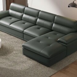 Bộ sofa góc phải 3 băng SF-F15 được chụp từ góc trên cao, tổng thể cho thấy thiết kế hiện đại, tối giản với tông màu xanh…
