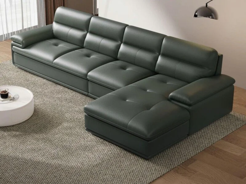 Bộ sofa góc phải 3 băng SF-F15 được chụp từ góc trên cao, tổng thể cho thấy thiết kế hiện đại, tối giản với tông màu xanh…