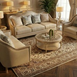 Bộ sofa SBM229-123 được đặt trong không gian phòng khách ấm cúng, với góc chụp hơi nghiêng, thể hiện rõ sự hài hòa giữa gh…