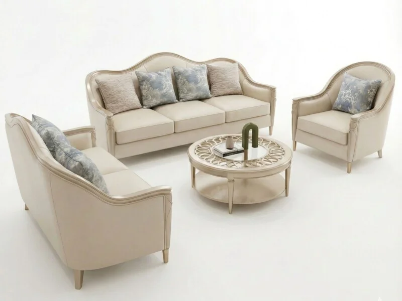 Toàn bộ bộ sofa SBM229-123 gồm băng 3, băng 2 và ghế đơn được chụp từ góc nhìn trên cao, tổng thể trên nền trắng tinh tế…