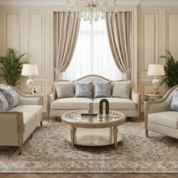 Toàn cảnh bộ sofa SBM229-123 được bài trí trong một phòng khách rộng rãi, sang trọng. Góc chụp từ xa cho thấy sự cân đối c…
