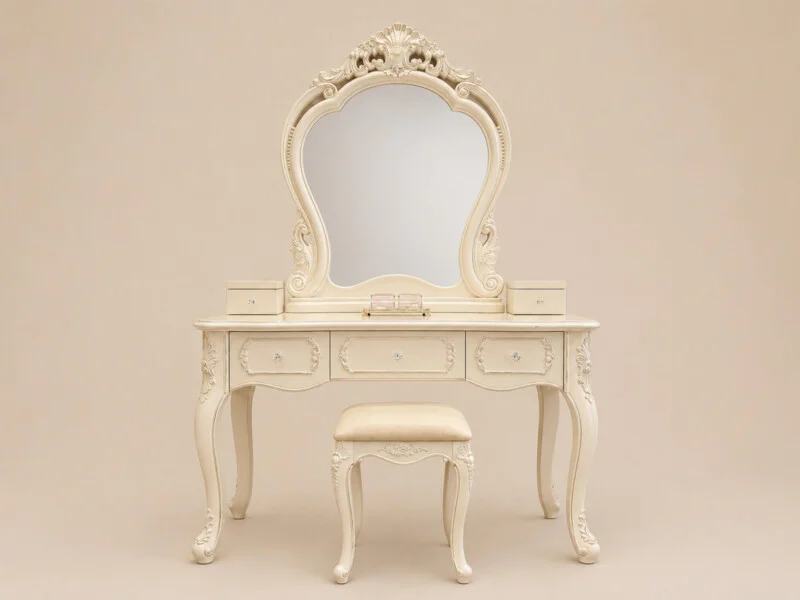 Bàn trang điểm ÉLAN ROYALE DBC01-12 màu trắng ngọc trai, phong cách tân cổ điển, chụp chính diện trên nền trơn. Gương oval…