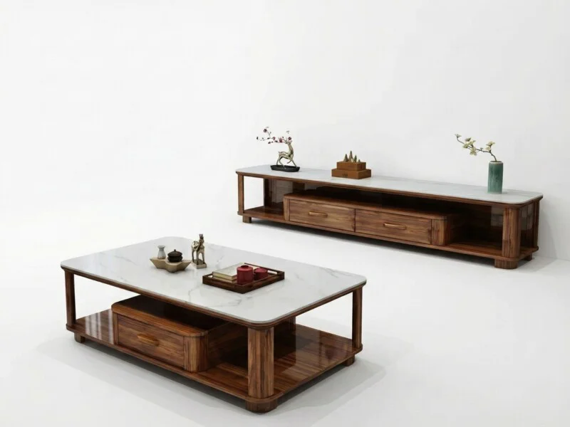 Toàn cảnh bộ bàn trà và kệ tivi gỗ Mun K-KD2103, đặt trên nền trắng tinh khôi. Bàn trà hình chữ nhật với mặt đá cẩm thạch…