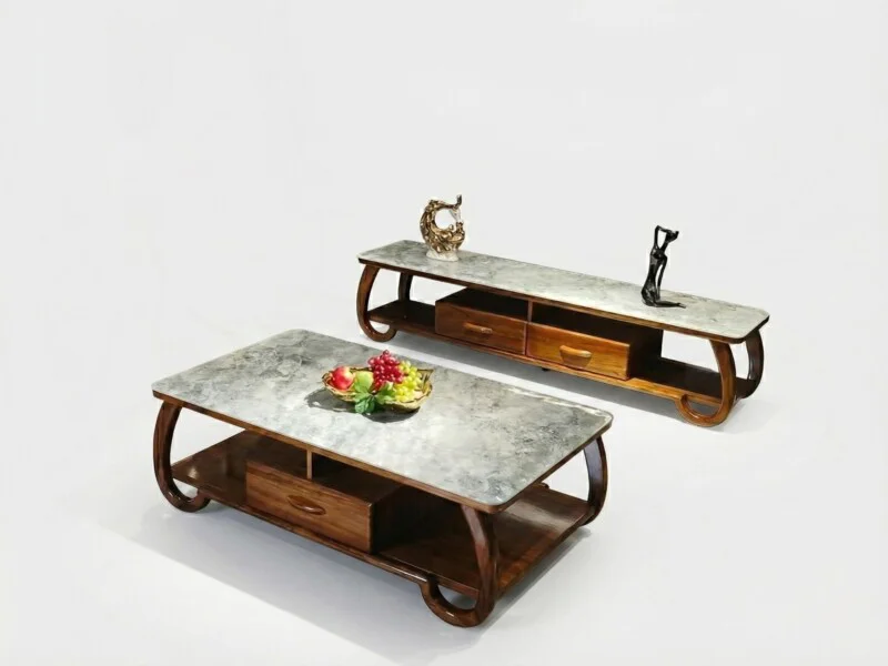 Bộ bàn trà và kệ tivi W2113 phong cách hiện đại, chụp từ góc trên cao, hơi chếch trên nền trắng studio. Cả hai sản phẩm đề…