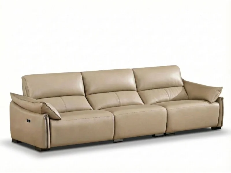 Ghế sofa băng ba COCOON SFB8179-29 màu be nhạt, chụp chính diện trong studio. Ghế có ba chỗ ngồi riêng biệt, đệm tựa lưng…