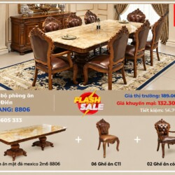 Toàn cảnh bộ phòng ăn tân cổ điển 8806 từ góc nhìn chính diện, nổi bật với bàn ăn mặt đá Mexico màu vàng kem vân mây và 8…