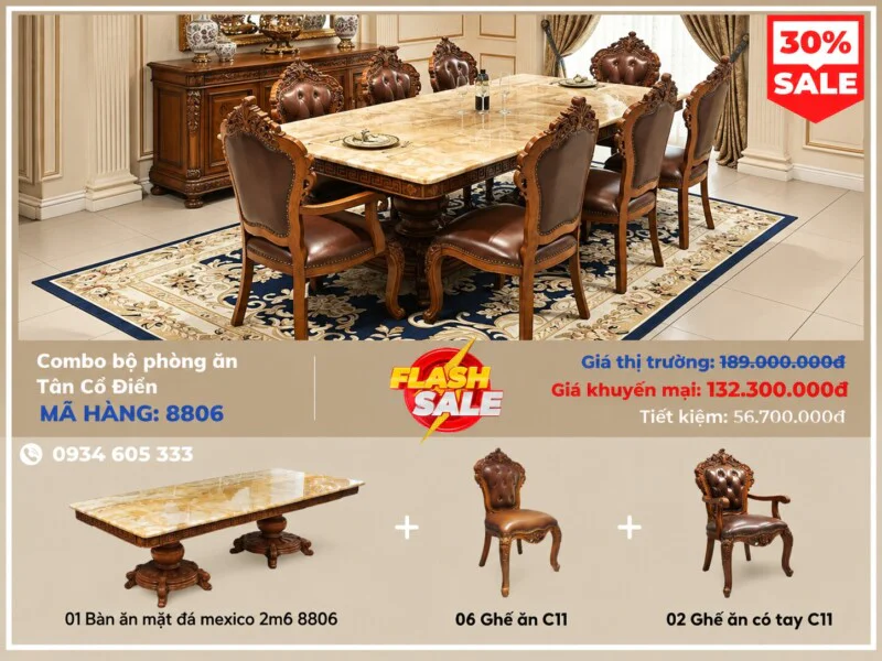Toàn cảnh bộ phòng ăn tân cổ điển 8806 từ góc nhìn chính diện, nổi bật với bàn ăn mặt đá Mexico màu vàng kem vân mây và 8…