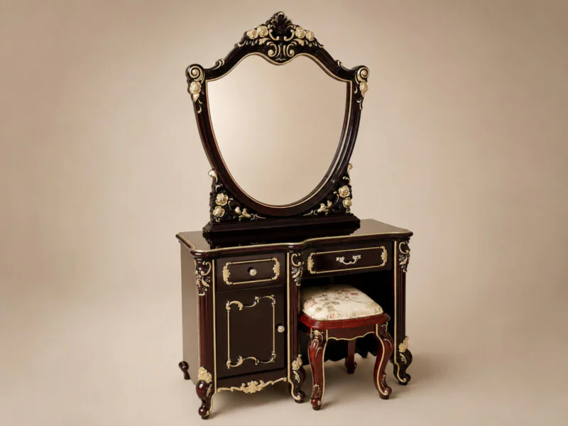 Bàn phấn BELLISSIMA BD8802G và ghế đôn được chụp chính diện trên nền trắng trung tính. Thiết kế tân cổ điển nổi bật với kh…