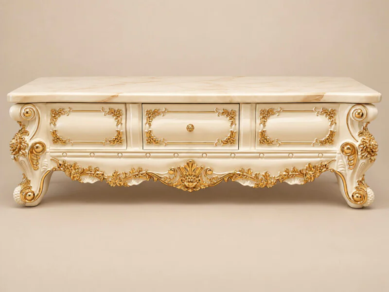 Bàn trà BELLE ÉPOQUE BT801-16 phong cách tân cổ điển, chụp chính diện, nổi bật với mặt đá trắng vân nâu nhân tạo và khung…