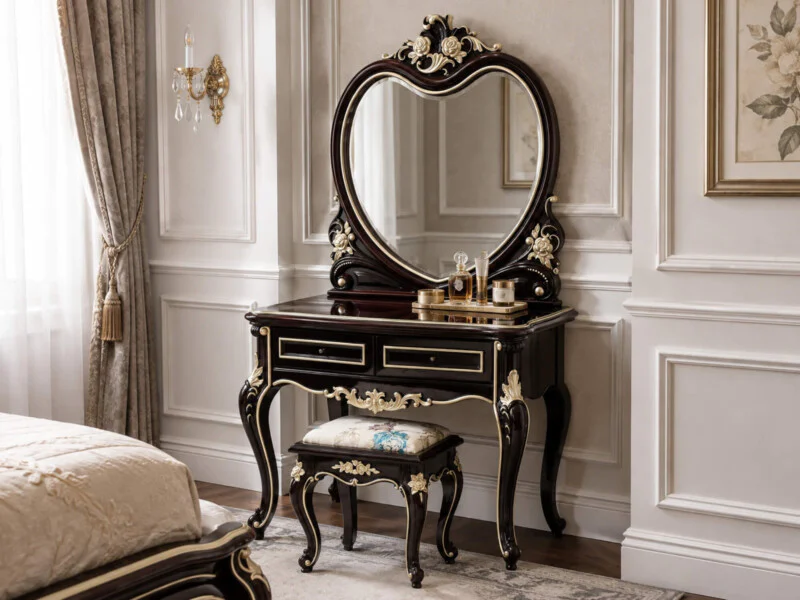 Bàn trang điểm ROSALINE và ghế đôn được đặt trong không gian phòng ngủ ấm cúng, chụp từ góc hơi nghiêng. Thiết kế tân cổ đ…