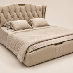 Giường ngủ bọc da luxury GI2336-18 chụp góc nghiêng từ trên xuống, cho thấy toàn bộ cấu trúc giường và phần hộc kéo ẩn phí…