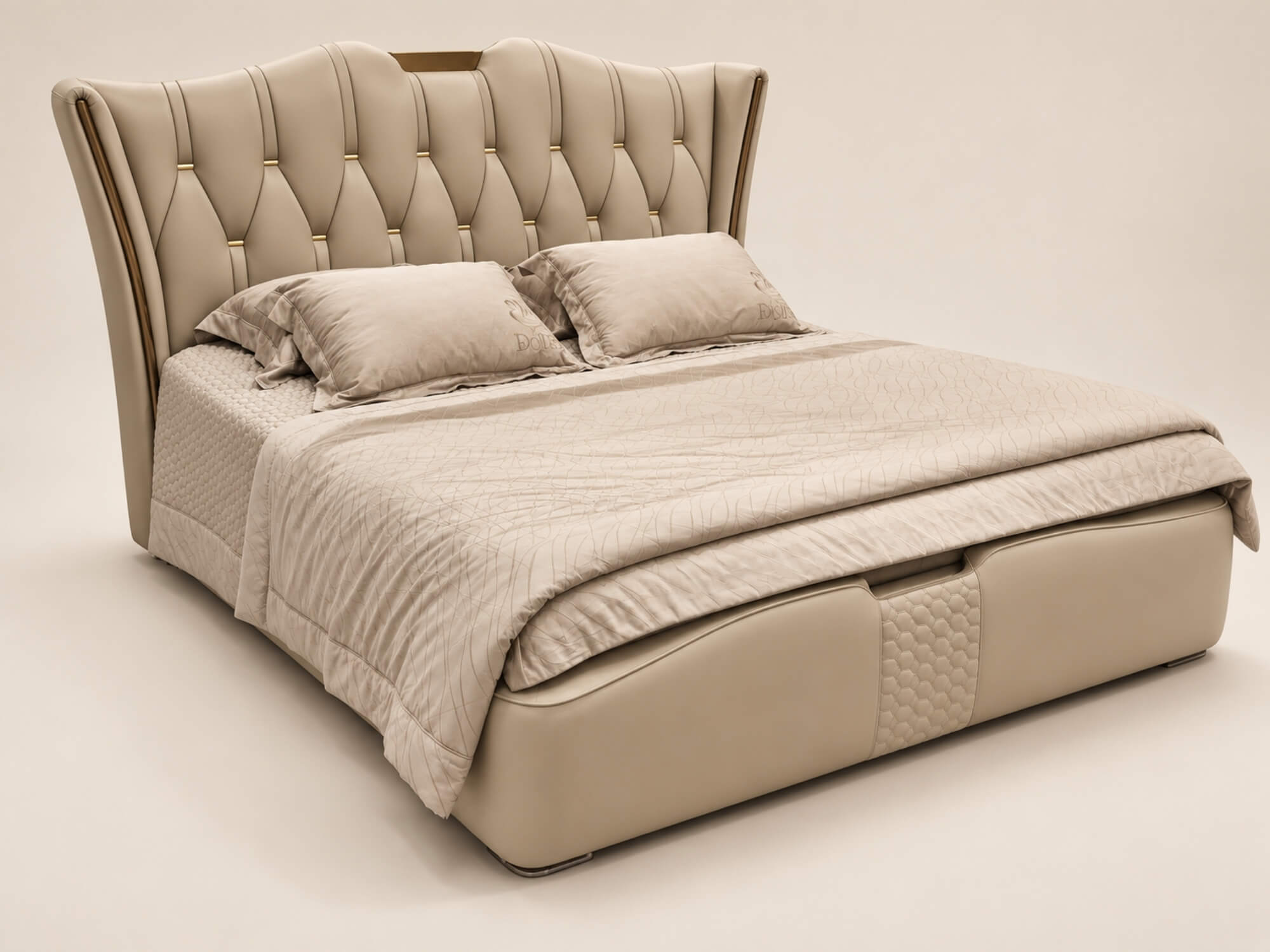 Giường ngủ bọc da luxury GI2336-18 chụp góc nghiêng từ trên xuống, cho thấy toàn bộ cấu trúc giường và phần hộc kéo ẩn phí…
