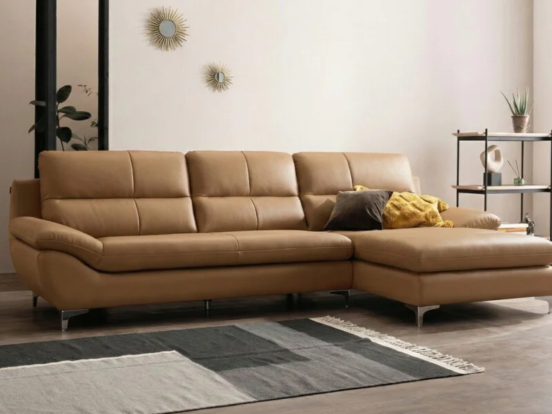 Sofa góc SEABREE bọc da màu nâu ấm áp, được chụp từ góc nhìn tổng thể bên phải, nổi bật với thiết kế hiện đại, tay vịn thấ…