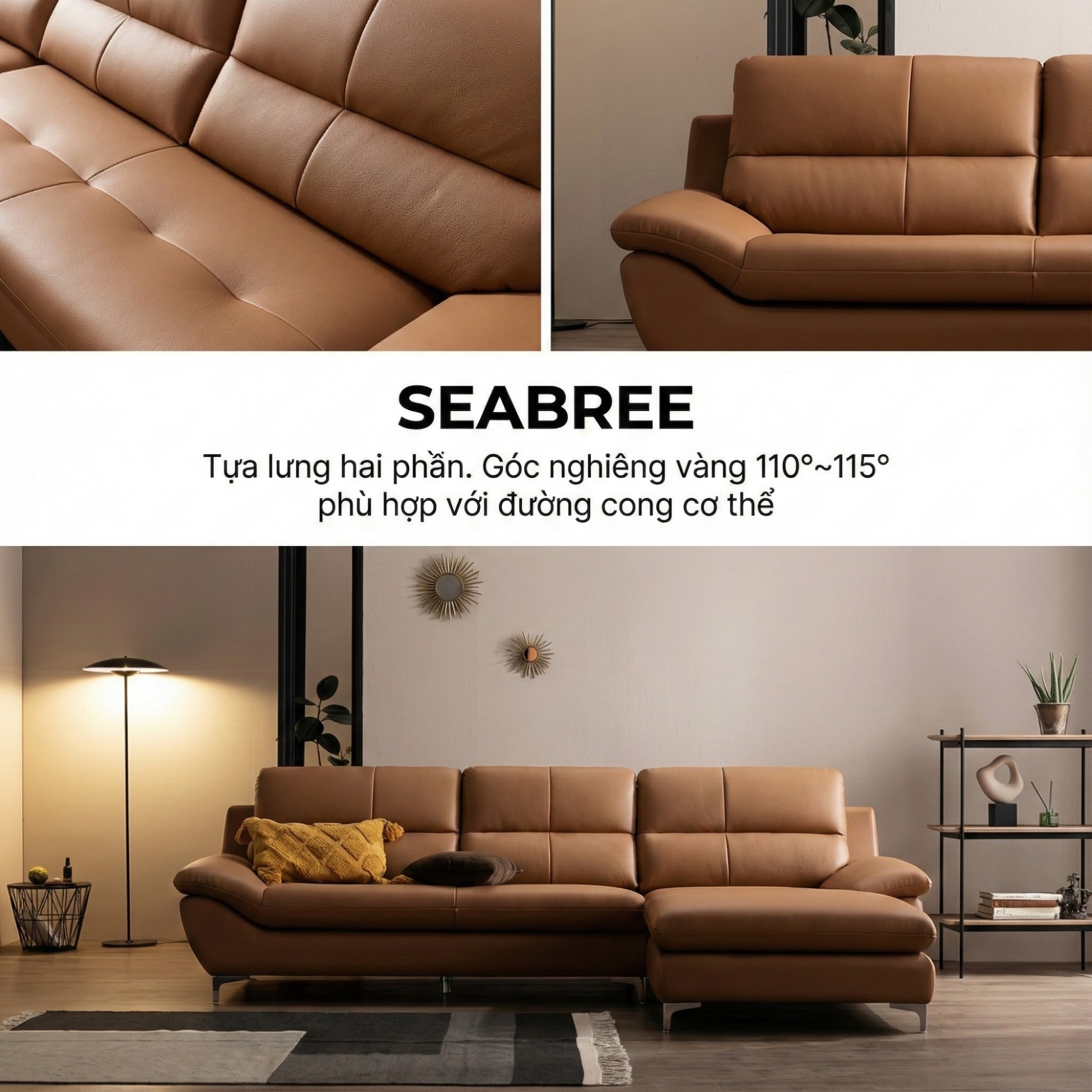 Sofa SEABREE - Sofa Góc Hiện Đại Bọc Da Cho Phòng Khách Chung Cư