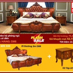 Hình ảnh quảng cáo tổng thể combo phòng ngủ tân cổ điển D86, bao gồm giường ngủ bọc da màu nâu và hai tab đầu giường gỗ mà…