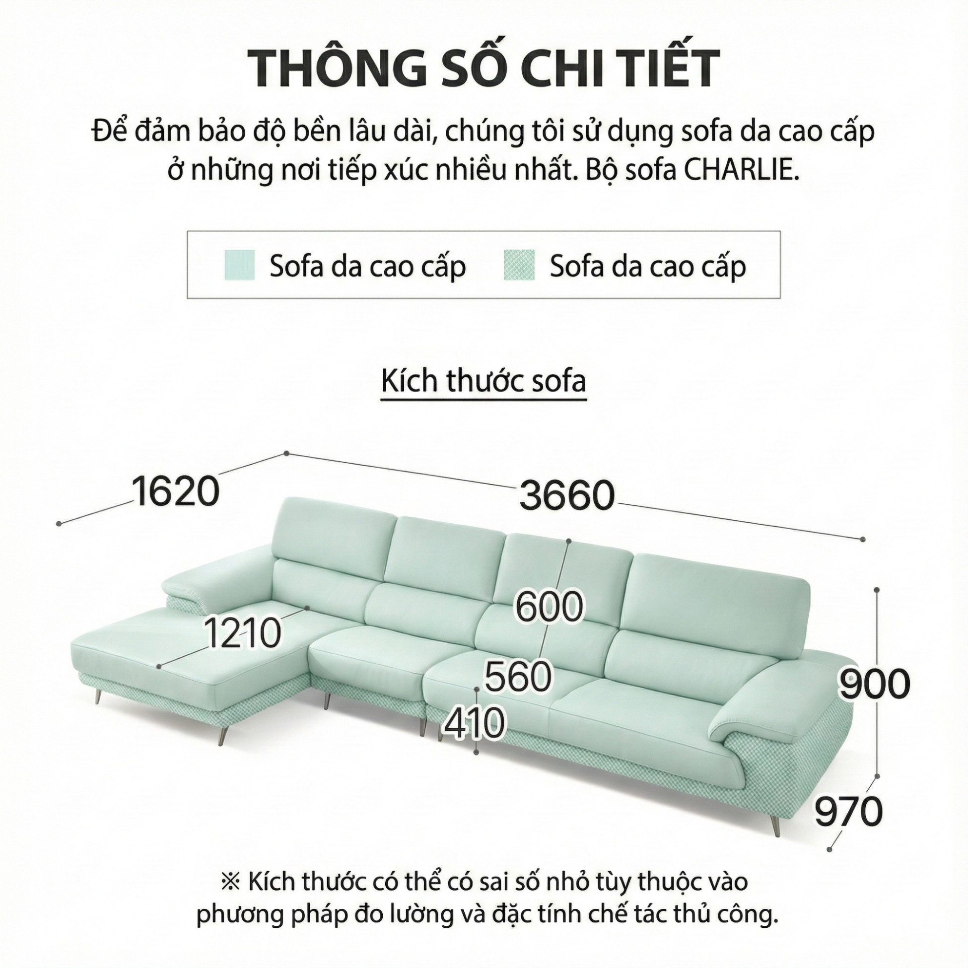 Sofa CHARLIE – Sofa Góc Với Da Cao Cấp Hiện Đại Êm Ái Cho Phòng Khách
