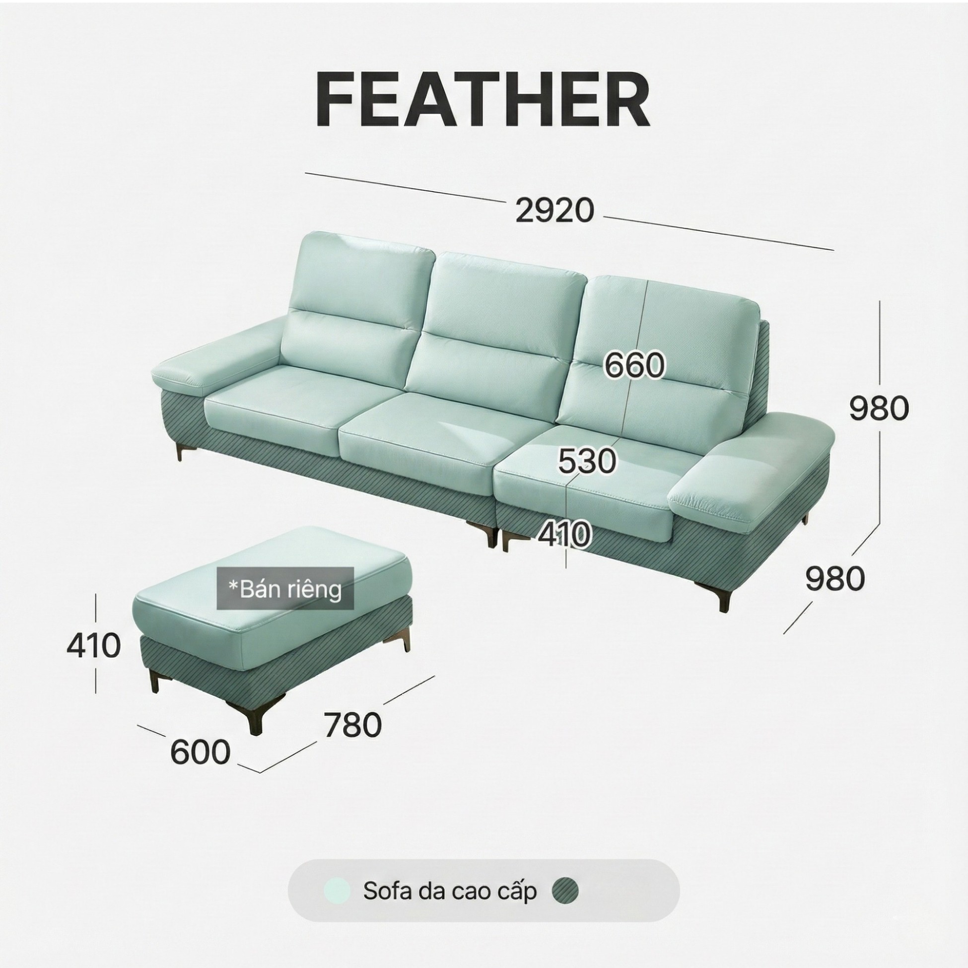 Sofa FEATHER - Sofa Băng Hiện Đại Bọc Da Êm Ái Như Mây