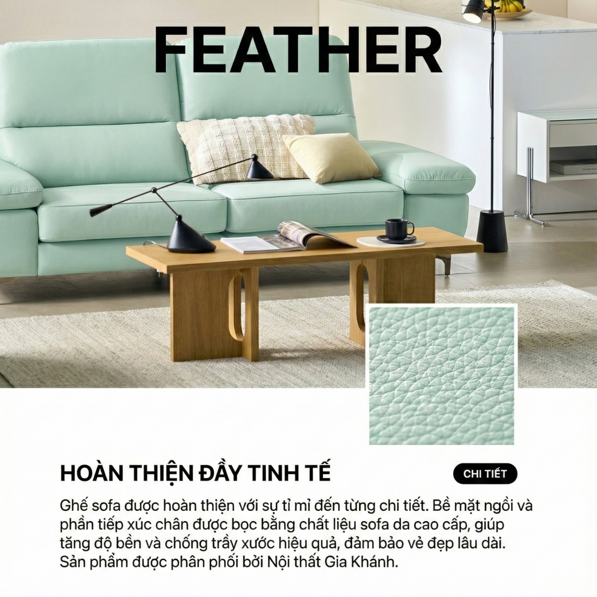 Sofa FEATHER - Sofa Băng Hiện Đại Bọc Da Êm Ái Như Mây