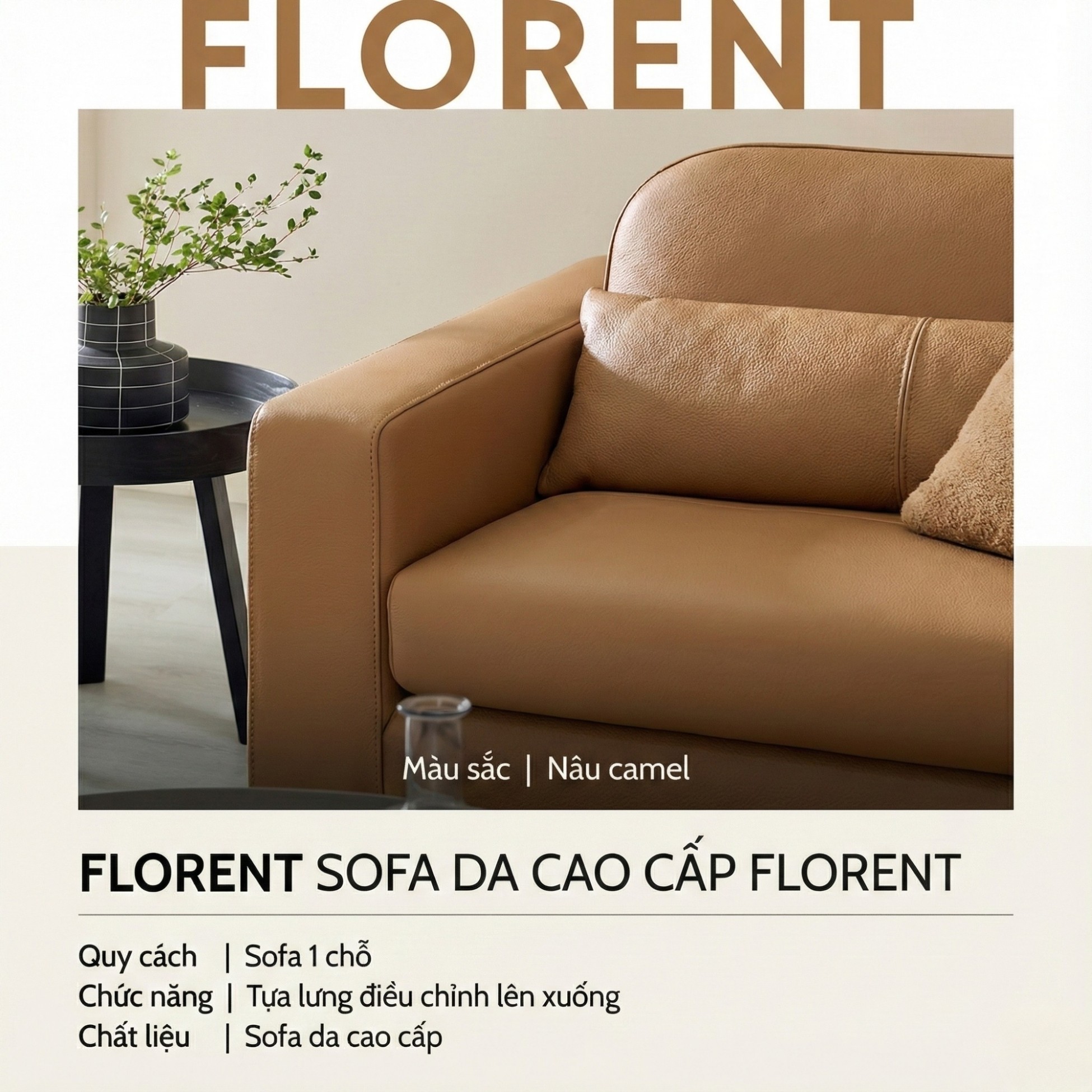 Sofa FLORENT - Sofa Bành Bọc Da Cao Cấp Với Tựa Lưng Điều Chỉnh