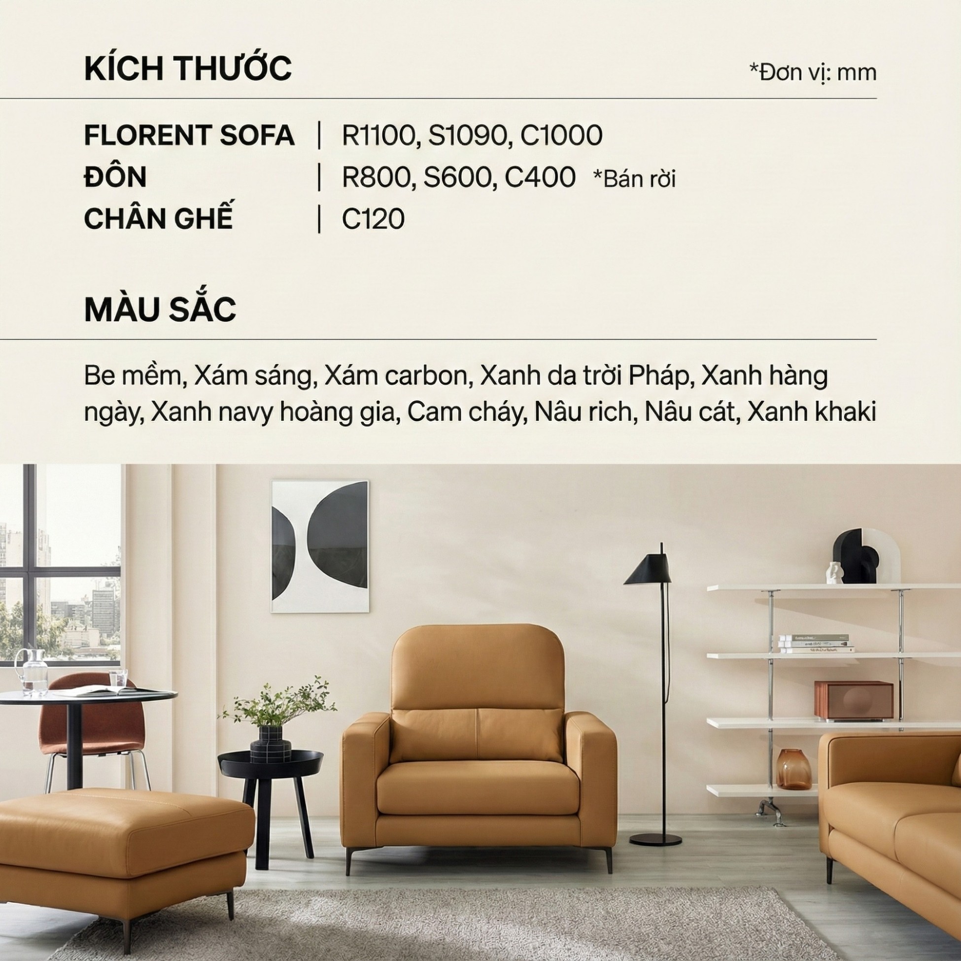Sofa FLORENT - Sofa Bành Bọc Da Cao Cấp Với Tựa Lưng Điều Chỉnh