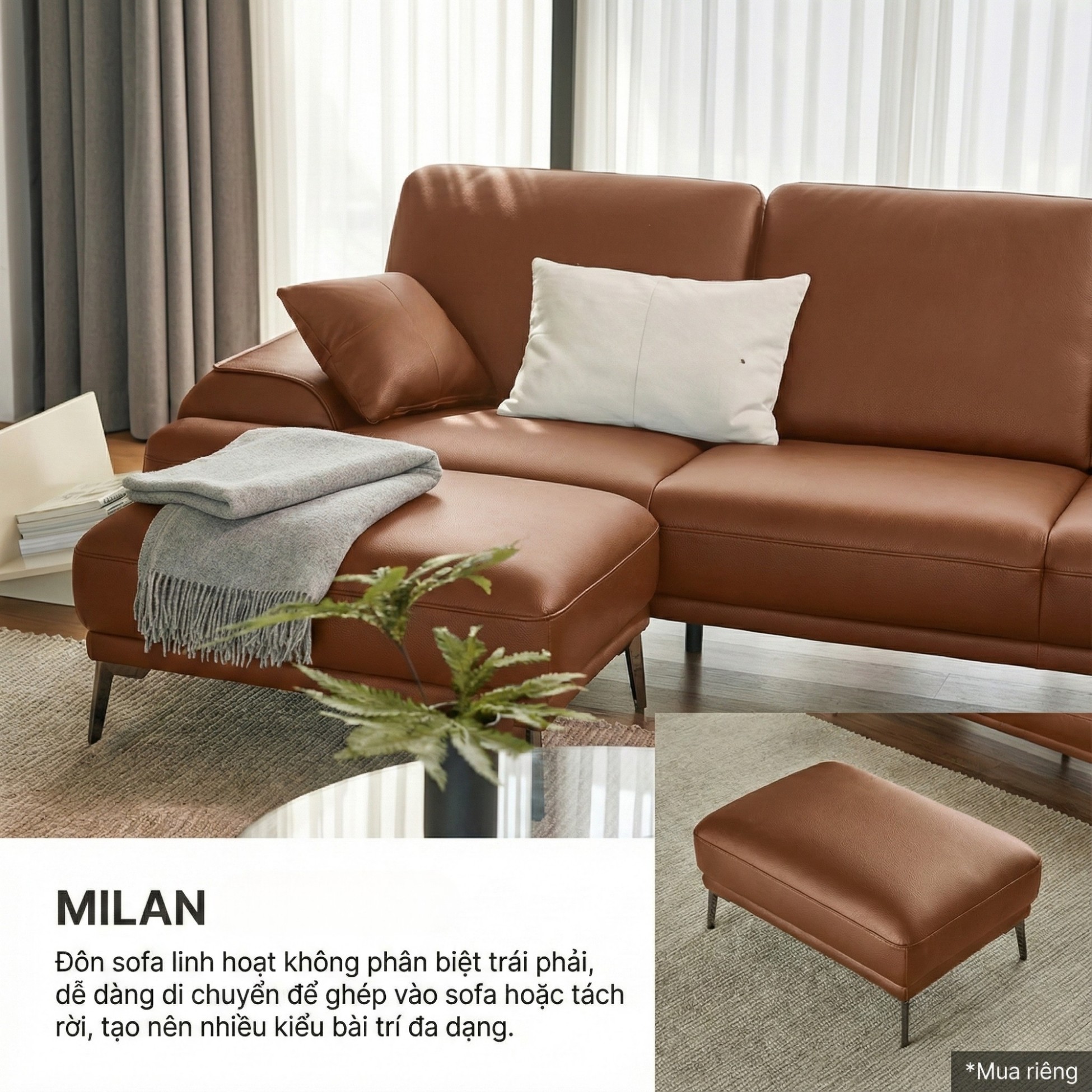 Sofa MILAN - Sofa Da Cao Cấp Hiện Đại Thiết Kế Tối Giản Thoải Mái
