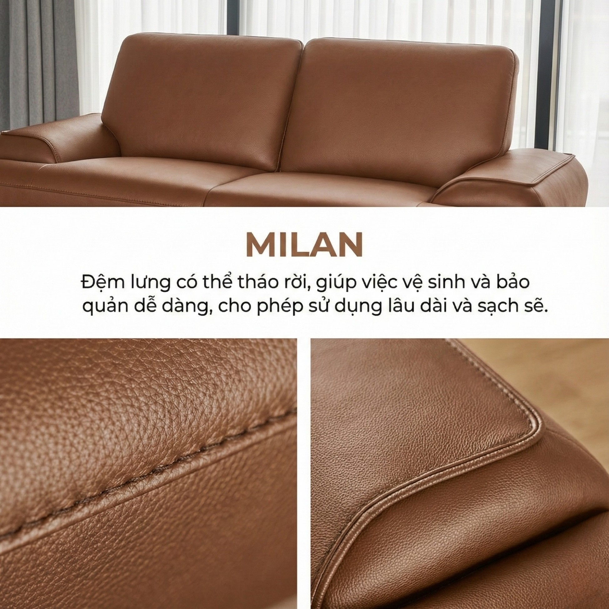 Sofa MILAN - Sofa Da Cao Cấp Hiện Đại Thiết Kế Tối Giản Thoải Mái