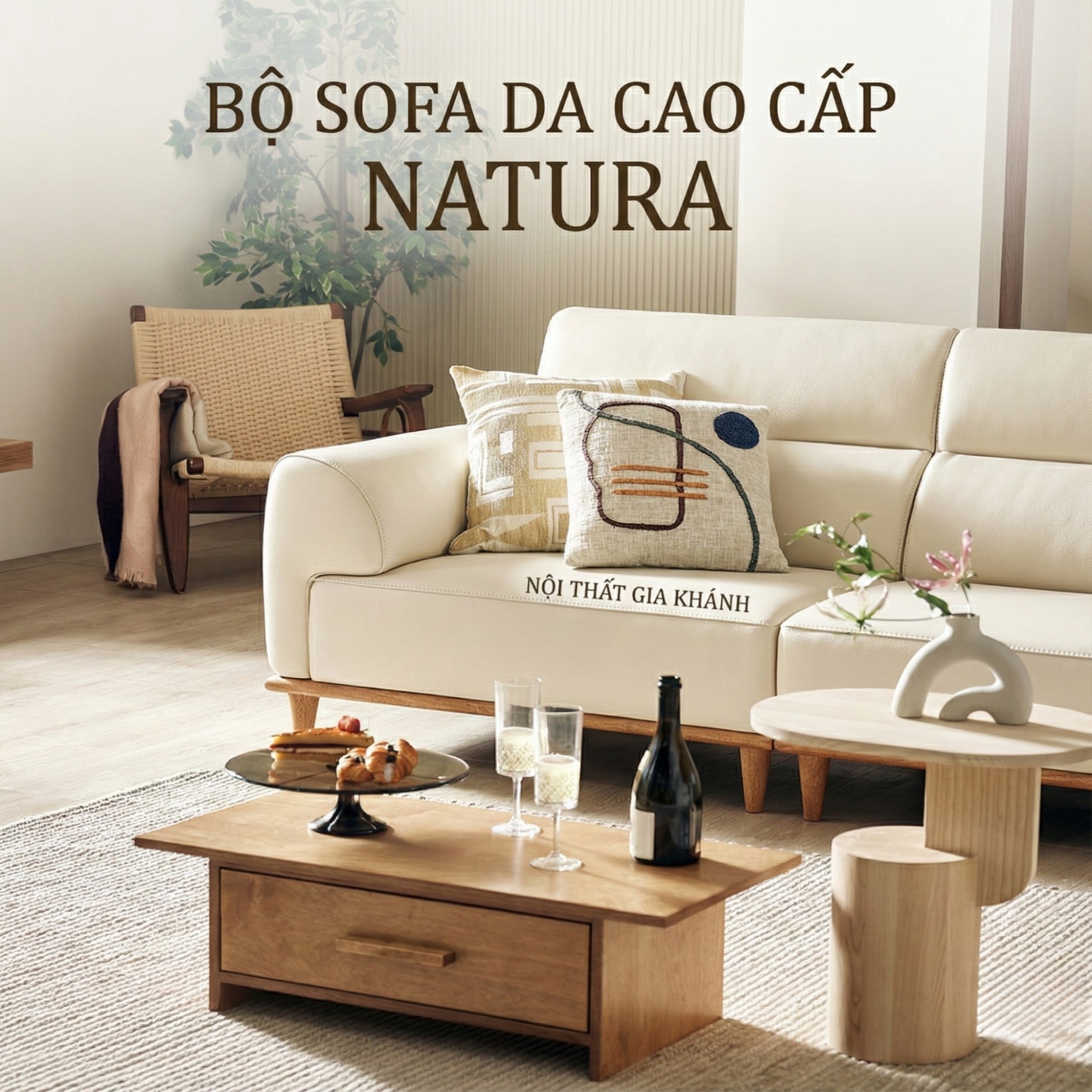 Sofa NATURA – Sofa Gỗ Mộc Mạc Bọc Da Cao Cấp Ấm Áp 