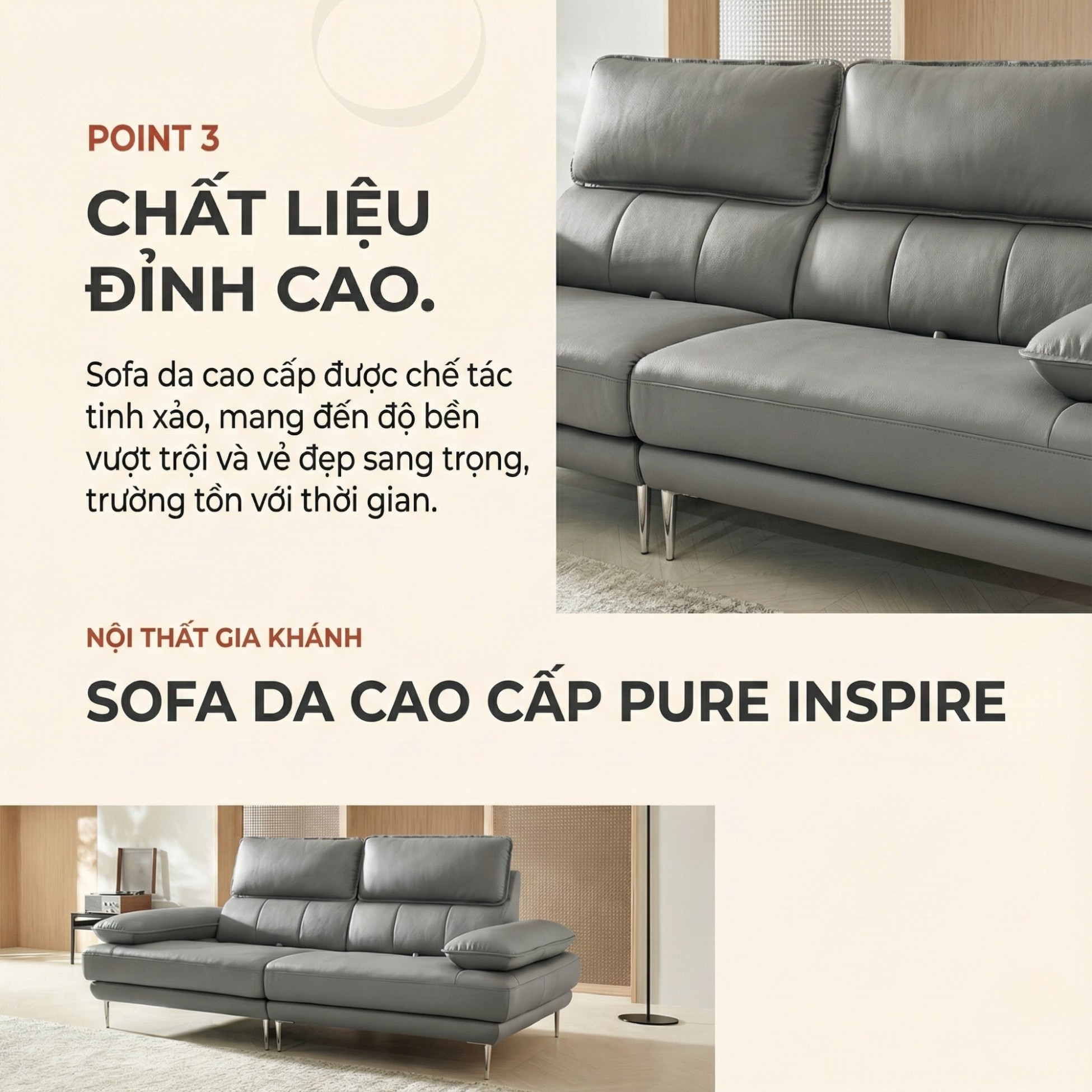 Sofa PURE INSPIRE – Sofa Băng Bọc Da Cao Cấp Thư Giãn Hoàn Hảo