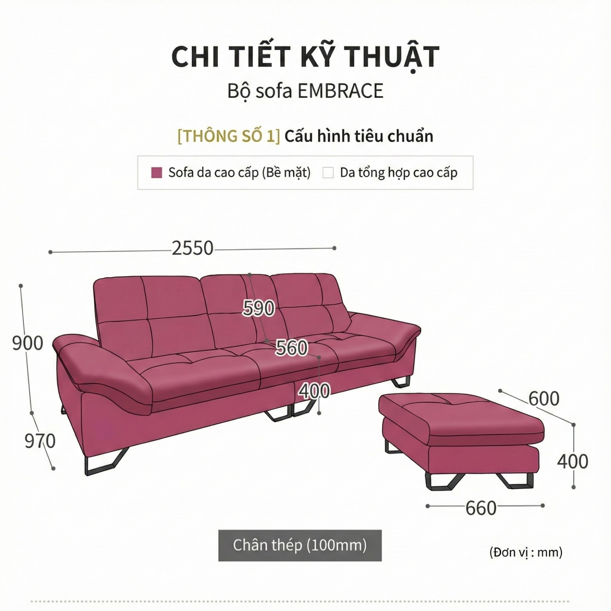 Sofa EMBRACE - Sofa Da Cao Cấp Tựa Lưng Chia Đôi Êm Ái