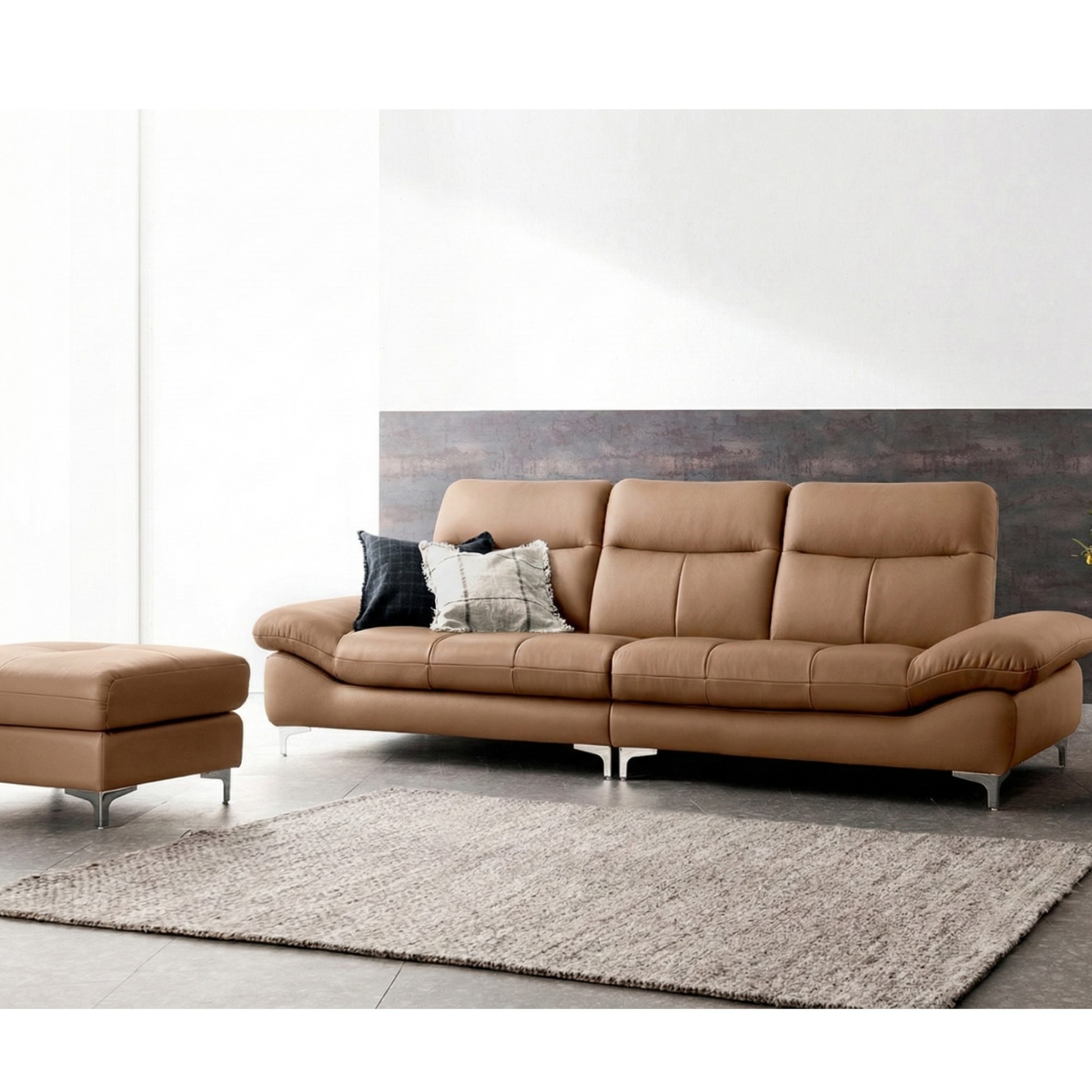 Sofa da công nghiệp dáng băng hiện đại minh hoạ phân khúc giá tầm trung đến cao cấp