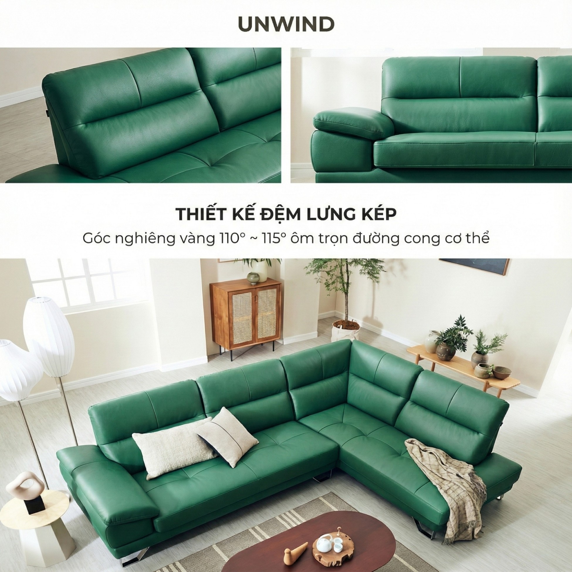 Sofa UNWIND – Sofa Da Cao Cấp Góc L Rộng Rãi Êm Ái Thư Giãn