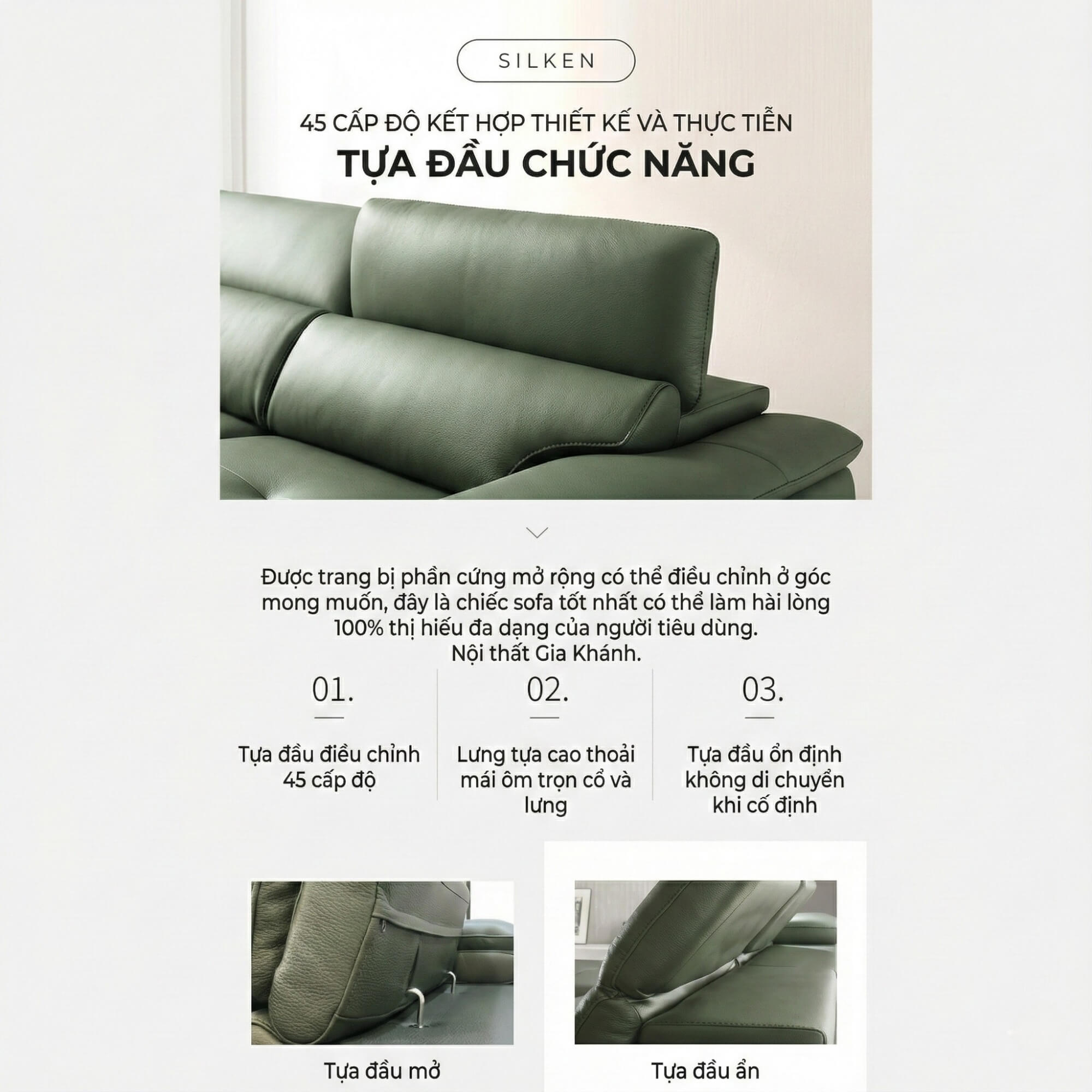 Sofa SILKEN - Sofa Băng Bọc Da Hiện Đại Với Tựa Đầu Thông Minh