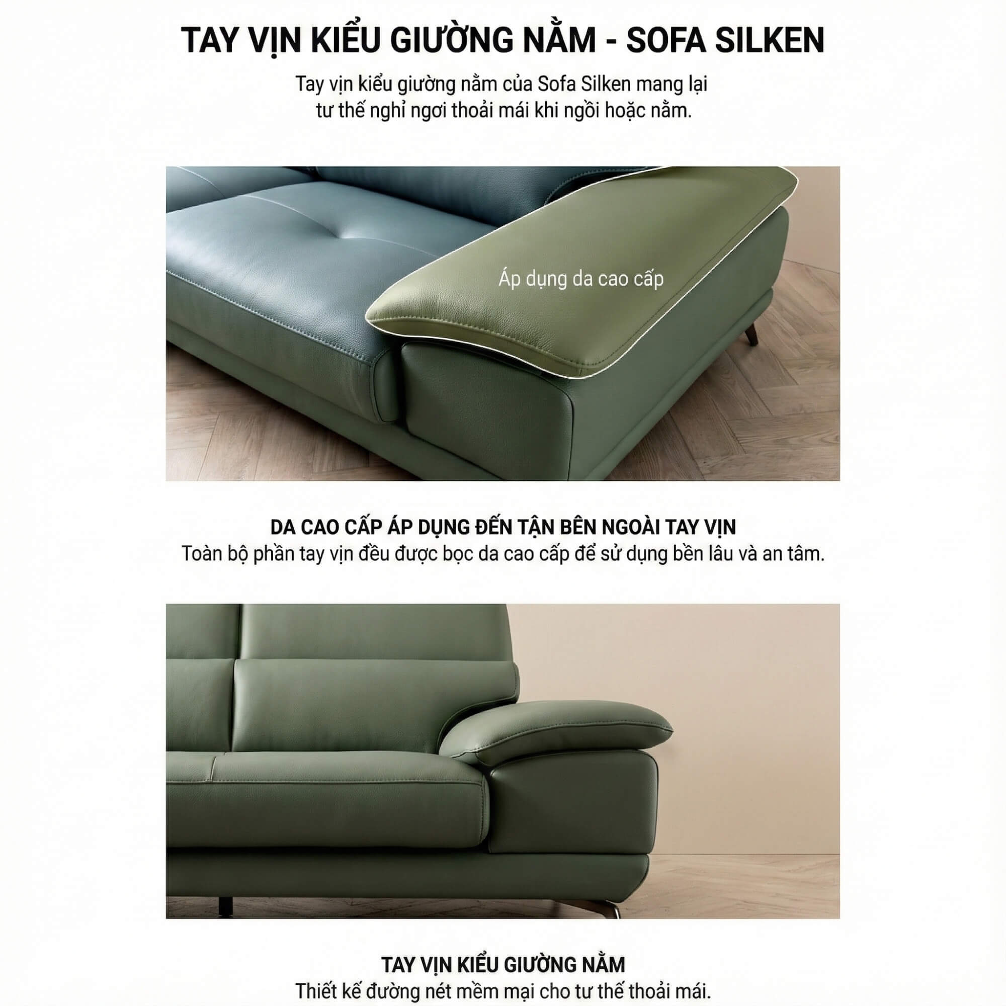 Sofa SILKEN - Sofa Băng Bọc Da Hiện Đại Với Tựa Đầu Thông Minh