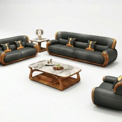 Bộ sofa gỗ Mun SBF311-124 được chụp từ trên cao, trên nền trắng tinh khiết, làm nổi bật thiết kế hiện đại và các chi tiết…