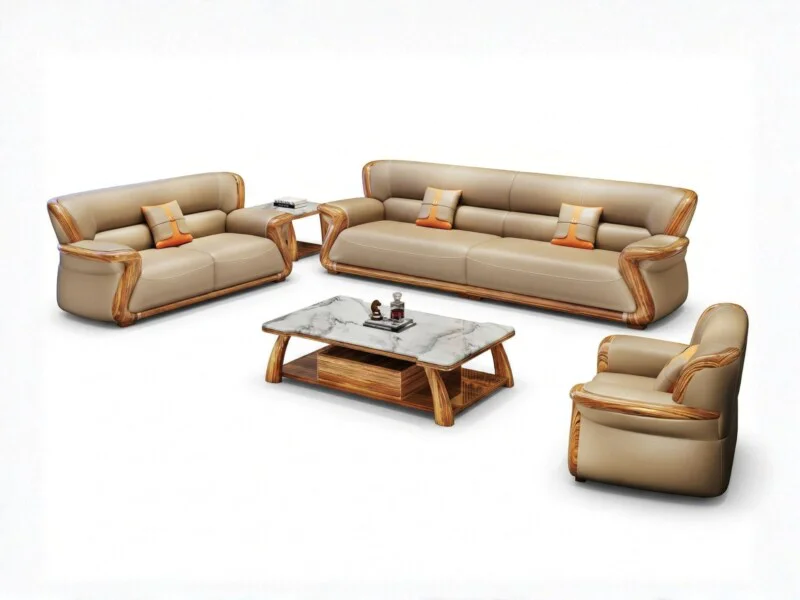 Bộ sofa gỗ Mun SBF8312-124 được chụp từ góc trên cao trên nền trắng, làm nổi bật thiết kế tổng thể và các thành phần của b…