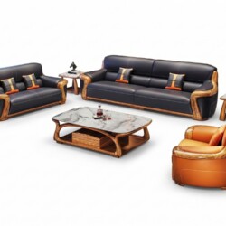 Bộ sofa gỗ mun SBF623-124 chụp từ góc cao, trên nền trắng tinh, thể hiện rõ các thành phần: một băng dài, một băng đôi, mộ…
