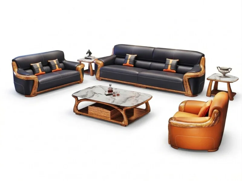 Bộ sofa gỗ mun SBF623-124 chụp từ góc cao, trên nền trắng tinh, thể hiện rõ các thành phần: một băng dài, một băng đôi, mộ…