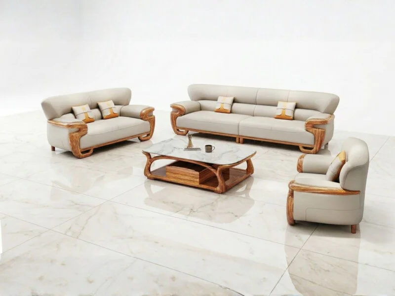 Toàn bộ bộ sofa gỗ mun SB322-124 được chụp từ góc trên cao, đặt trên nền gạch trắng sáng. Bộ sản phẩm gồm ba ghế sofa với…