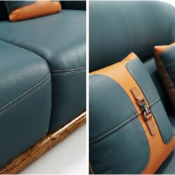 Chi tiết bề mặt đệm ngồi của sofa bọc da màu xanh ngọc với đường chỉ may kép tinh xảo, tạo sự chắc chắn và thẩm mỹ. Bên cạ…